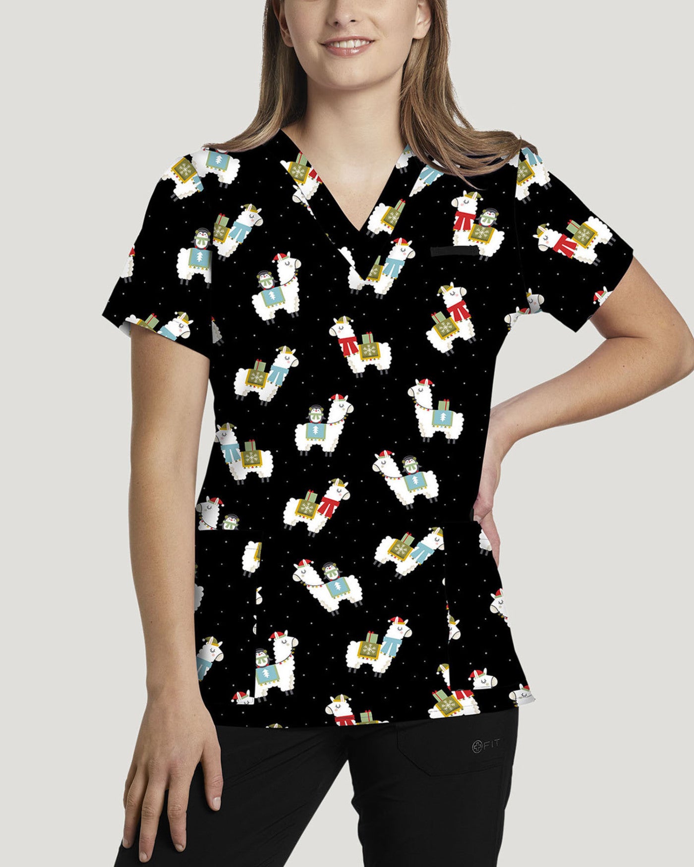 618ASL- Alpaca Sally -Pewter  Printed  V-Neck  Top