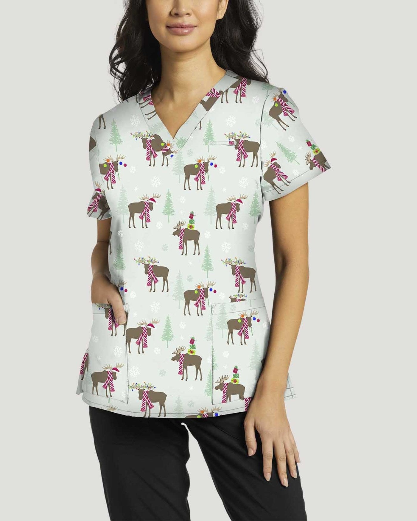 618MWT - MOOSE WONDERFUL TIME OF THE YEAR WHITE CROSS PRINTED SCRUB TOP