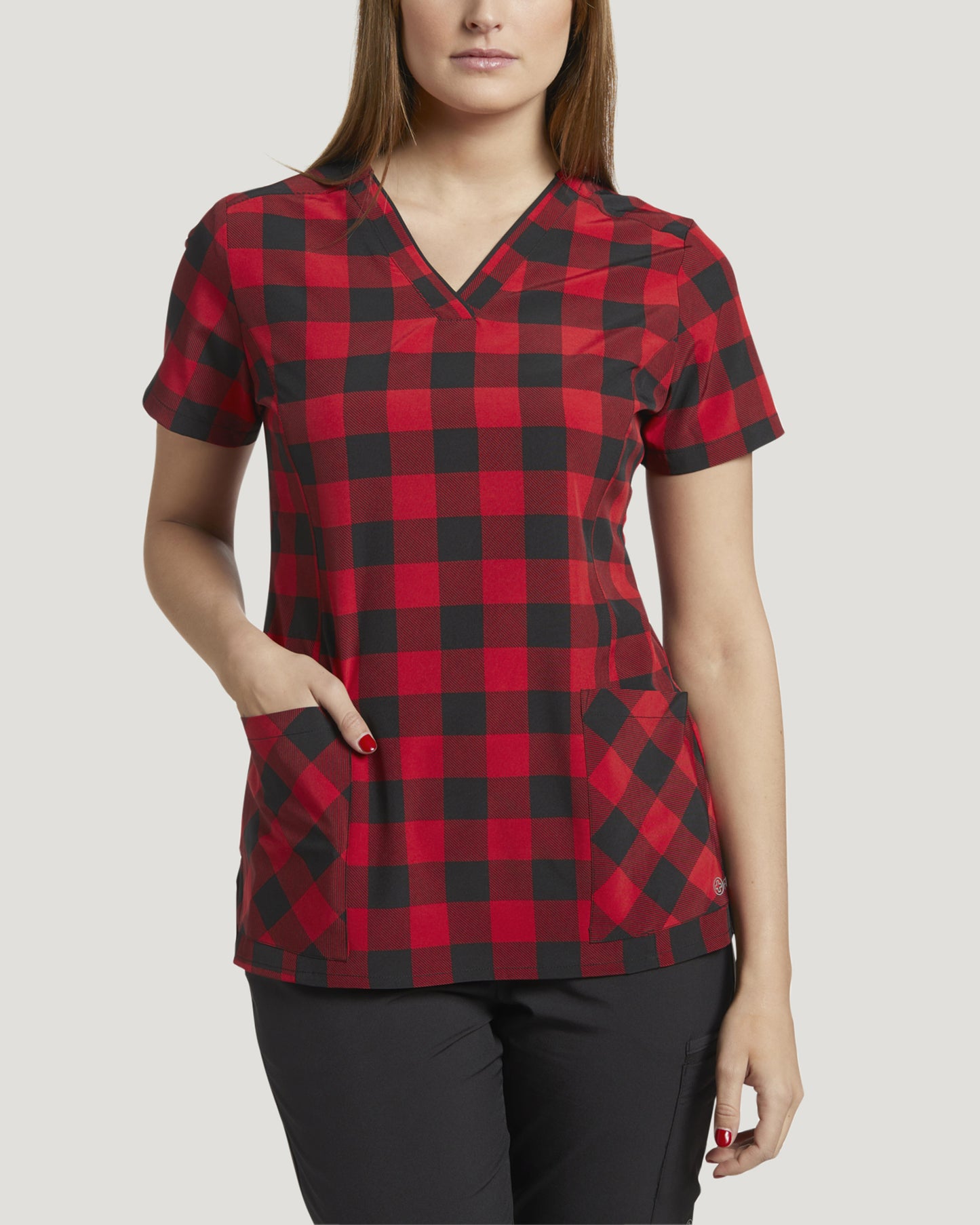 755RBF - RED BUFFALO PLAID PRINTED V-NECK TOP