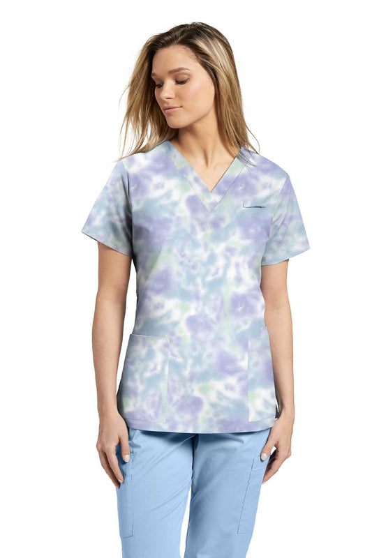 2XL & 3XL ONLY - 618TDB Blue Tie Dye White Cross Printed Scrub Top