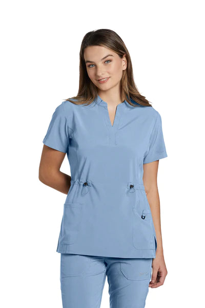 700 White Cross Fit Mandarin Collar Henley Cinched Women's Scrub Top