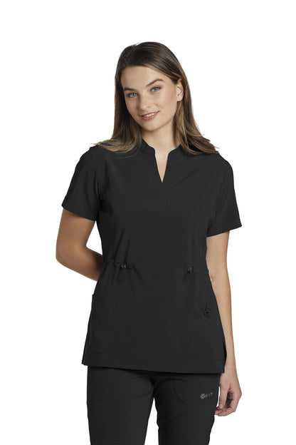 700 White Cross Fit Mandarin Collar Henley Cinched Women's Scrub Top