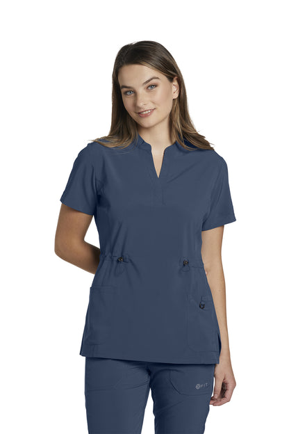 700 White Cross Fit Mandarin Collar Henley Cinched Women's Scrub Top