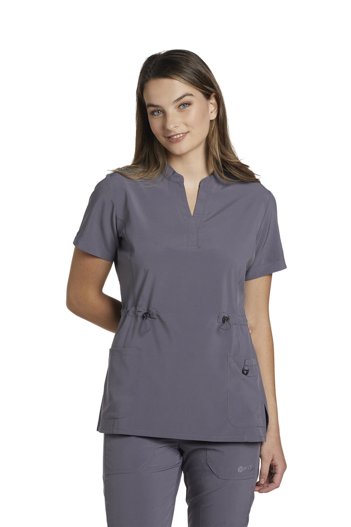 700 White Cross Fit Mandarin Collar Henley Cinched Women's Scrub Top ...