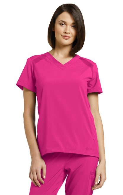 *Last Few* 746 White Cross FIT V-Neck Top With Side Mesh