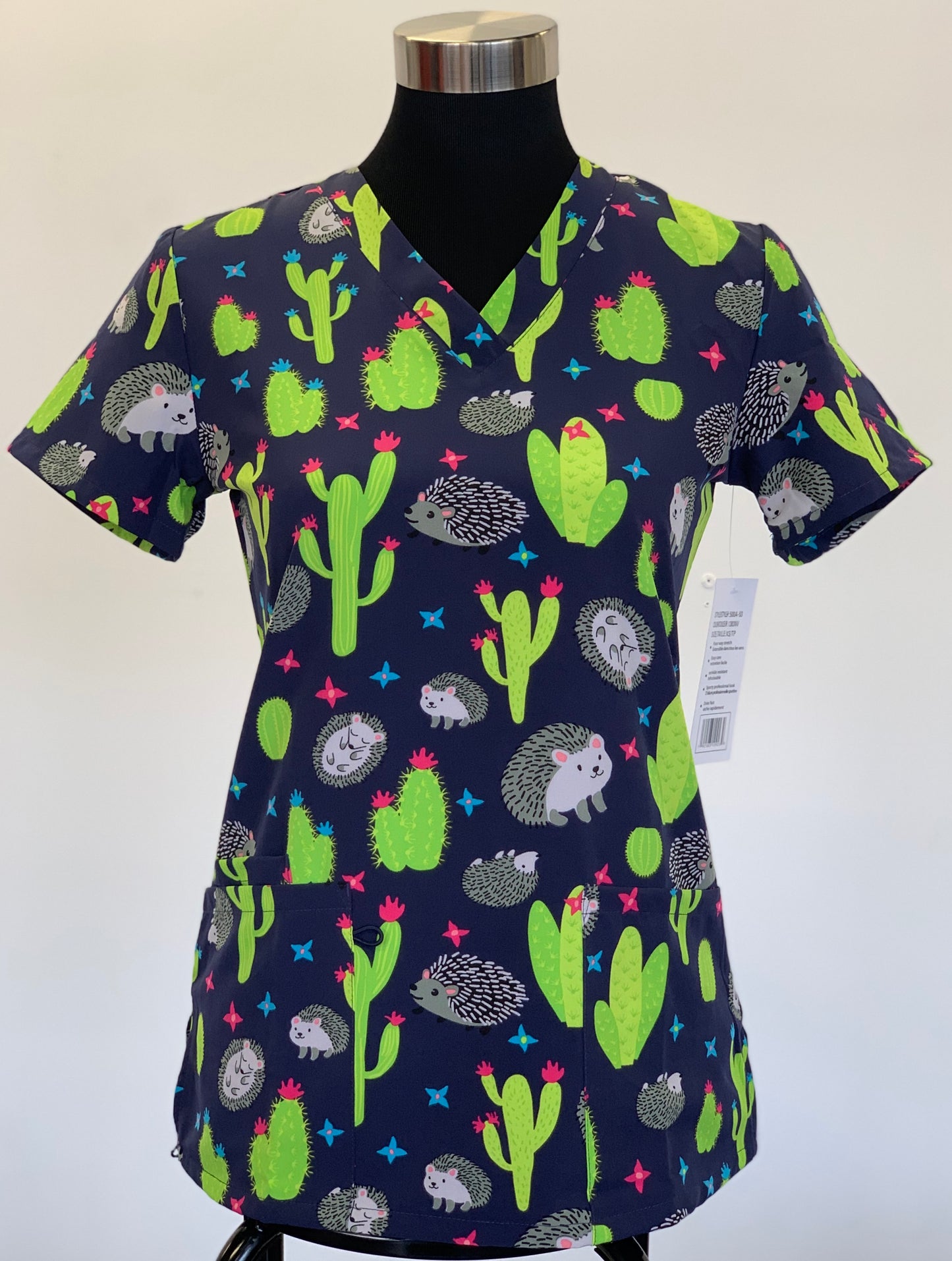 1383NV Cute Hedgehog and Cactus Zinnia Printed Scrub Top