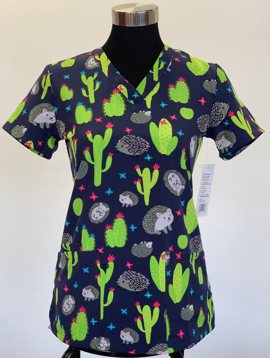 1383NV Cute Hedgehog and Cactus Zinnia Printed Scrub Top