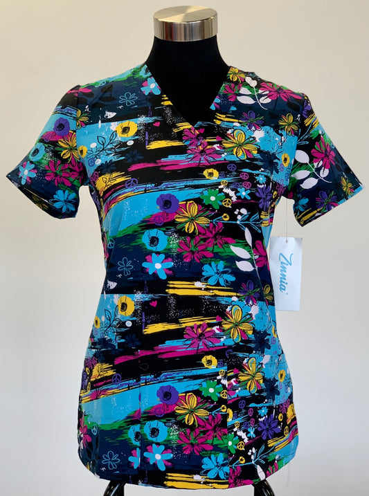 1576 Colorful Flowers Printed Zinnia women's printed Scrub Top