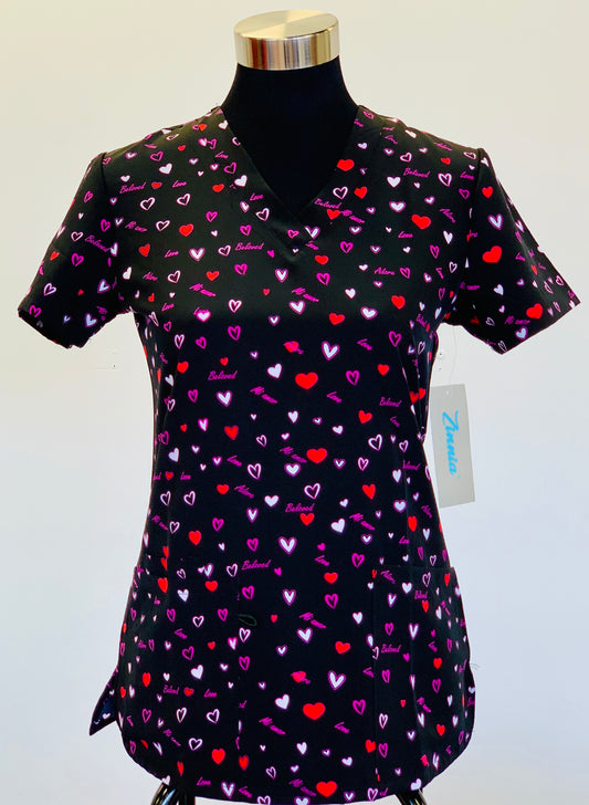 1586BK Hearts and Love All Over Zinnia Printed Women's Scrub Top