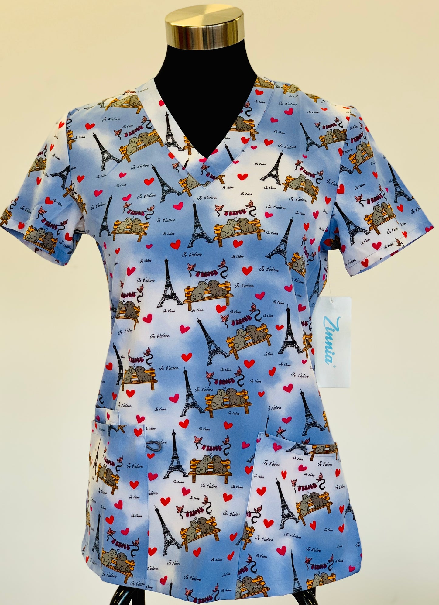 1585 Puppies in Paris Printed Zinnia women's printed scrub Top