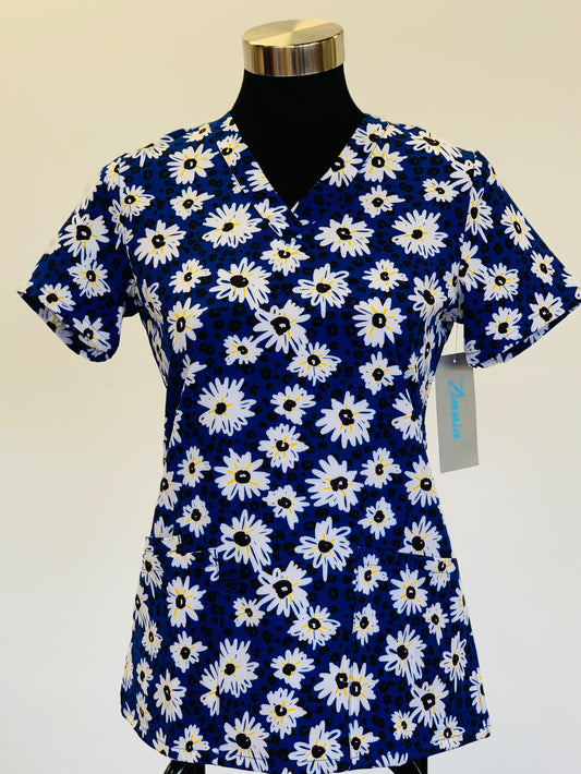 1579BL Daisies on a Blue day Zinnia Women's Printed Scrub Top