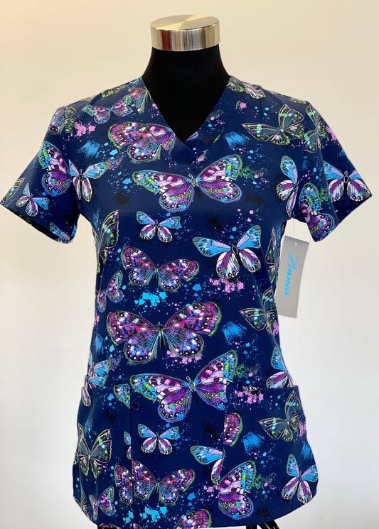 1515NV Glow in Dark Butterfly Zinnia Printed Scrub Top | Scrubs4U