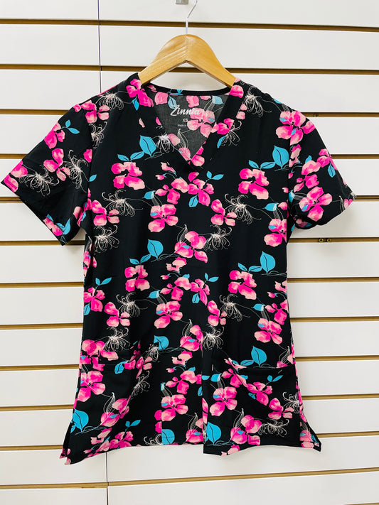 614 Abstract Honeysuckle Zinnia Printed Women's Scrub Top