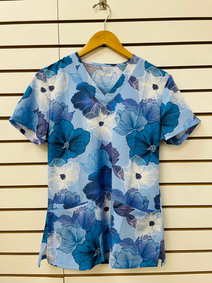 1210BL Shades of Blue Floral Zinnia Printed Women's Scrub Top