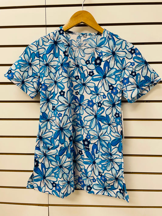 1108BL Infinity Blue Zinnia Printed Scrub Top