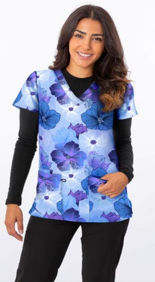 1210BL Shades of Blue Floral Zinnia Printed Women's Scrub Top | Scrubs4U