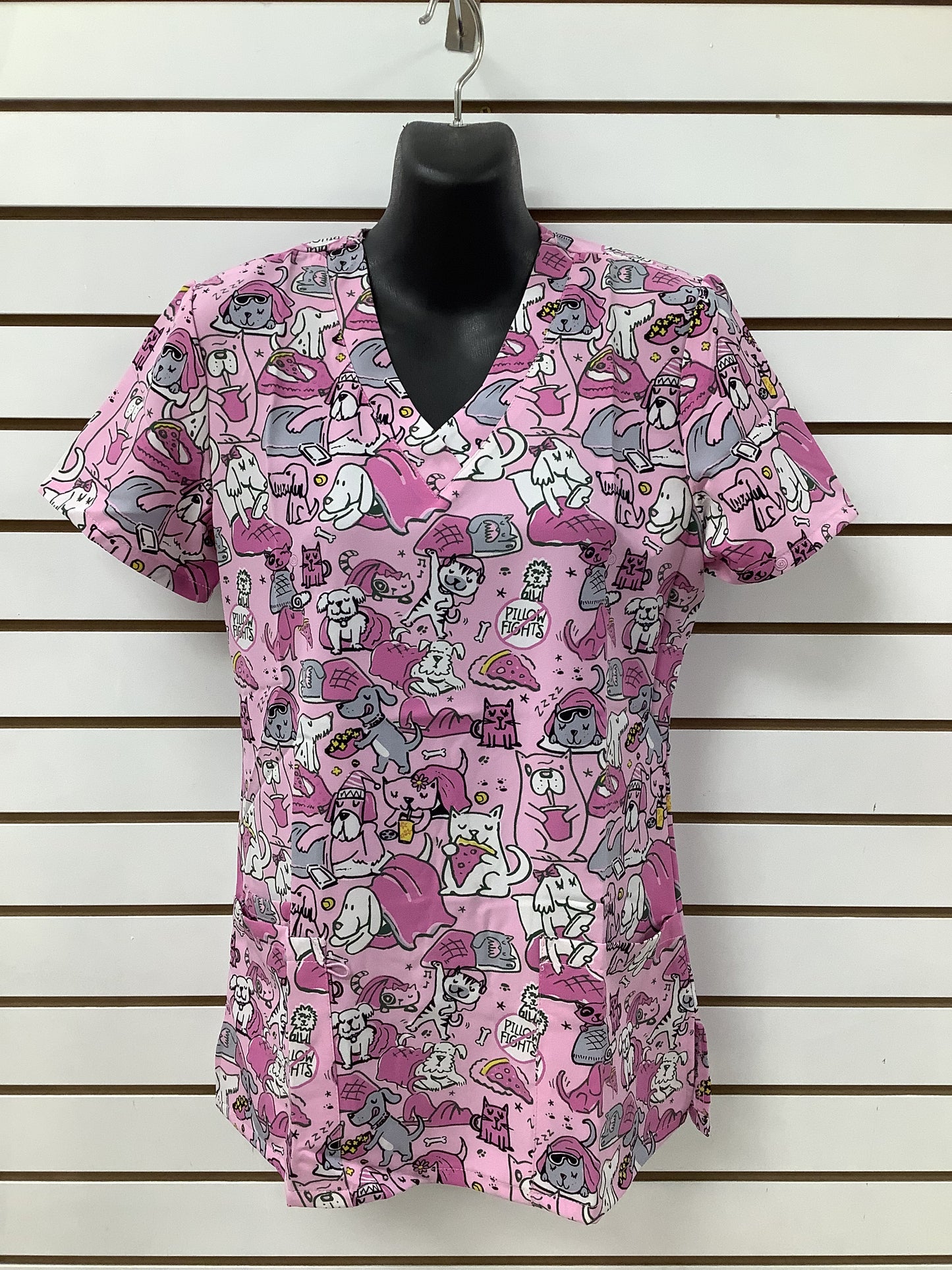 1500PK Pink Paw Sleepover Zinnia Printed Women's Scrub Top