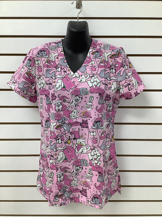 1500PK Pink Paw Sleepover Zinnia Printed Women's Scrub Top