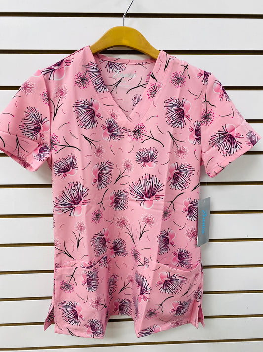 1433PK Pink Dandelion Floral Zinnia Printed Women's Scrub Top