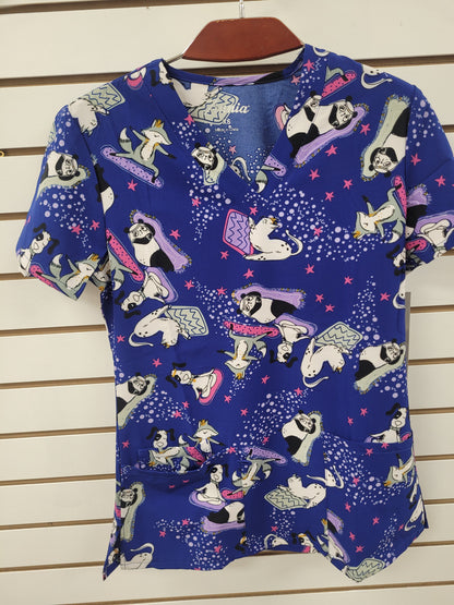 1432NV Downward Dog Navy Zinnia Printed Women's Scrub Top