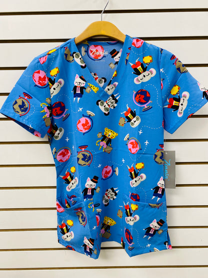 1427BL Around The World Zinnia Printed Women's Scrub Top