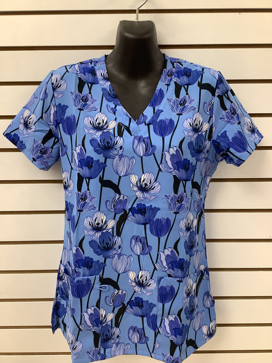 1533BL Beauty of Blue Zinnia Printed Women's Scrub Top