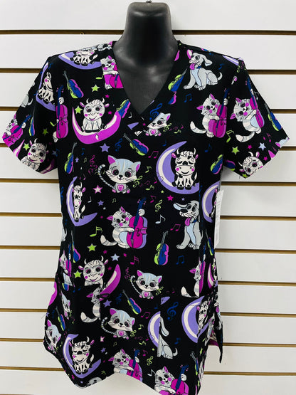 1432NV Downward Dog Navy Zinnia Printed Women's Scrub Top