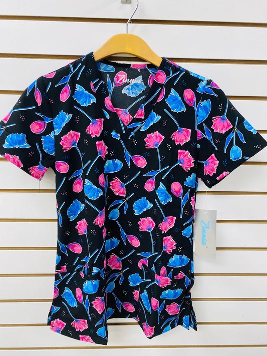 1457BK Forever Tulips Zinnia Printed Women's Scrub Top