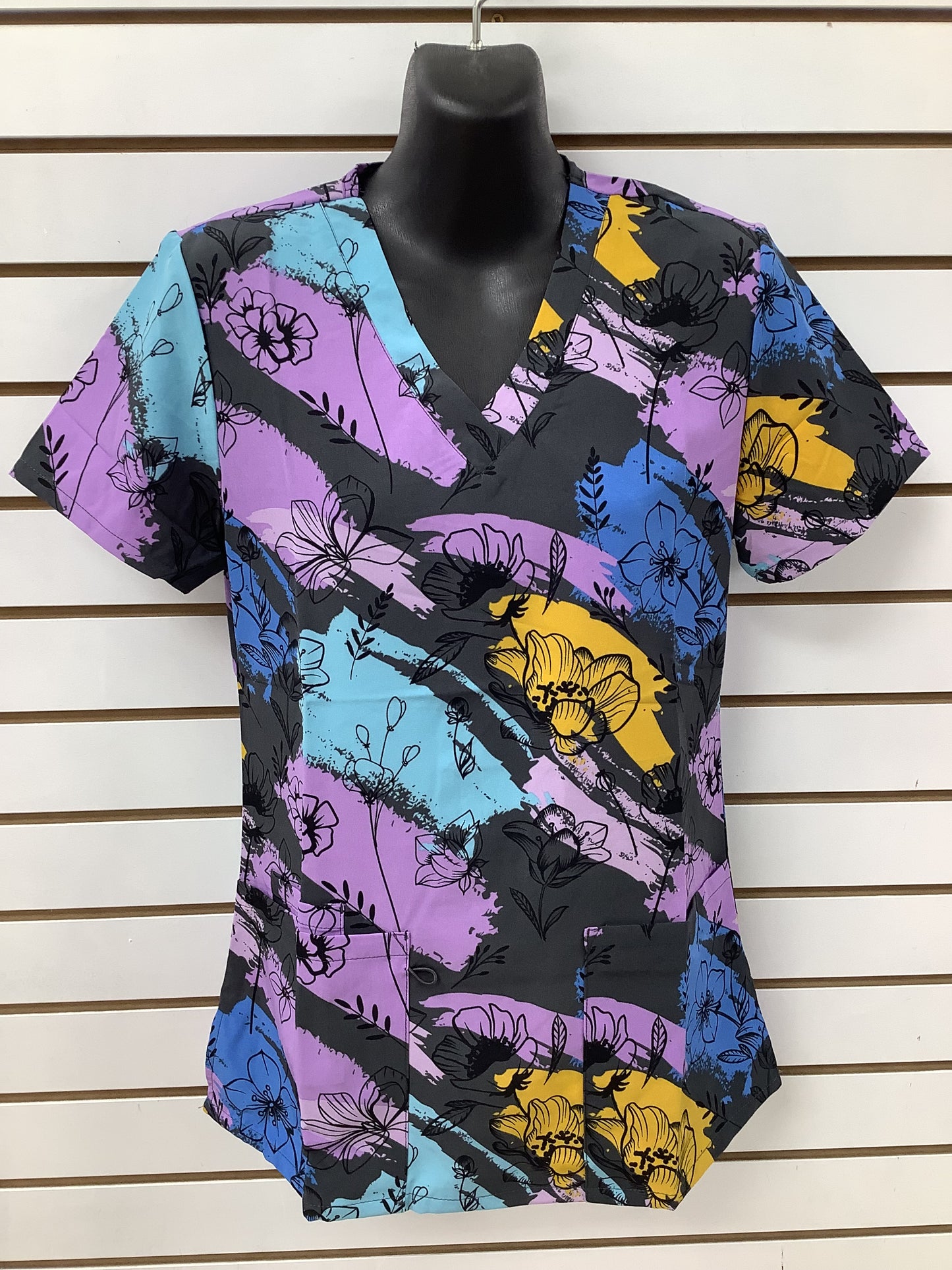 LAST FEW - 1535GR Flowery Sunset Zinnia Printed Women's Scrub Top
